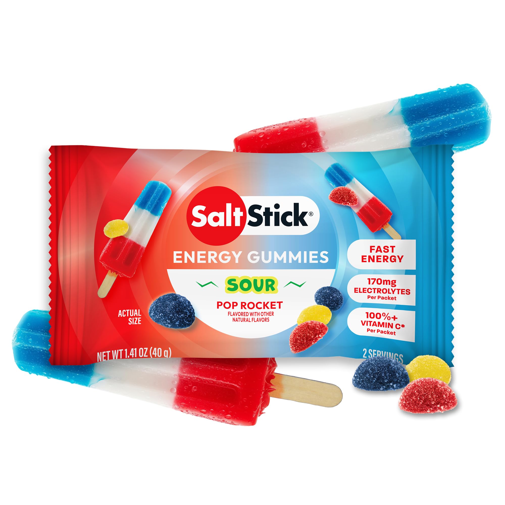 SaltStick Energy Gummies with Electrolytes, Sour Pop Rocket, Easy to Chew Electrolyte Gummy, 10 Packs, 80 Gummies