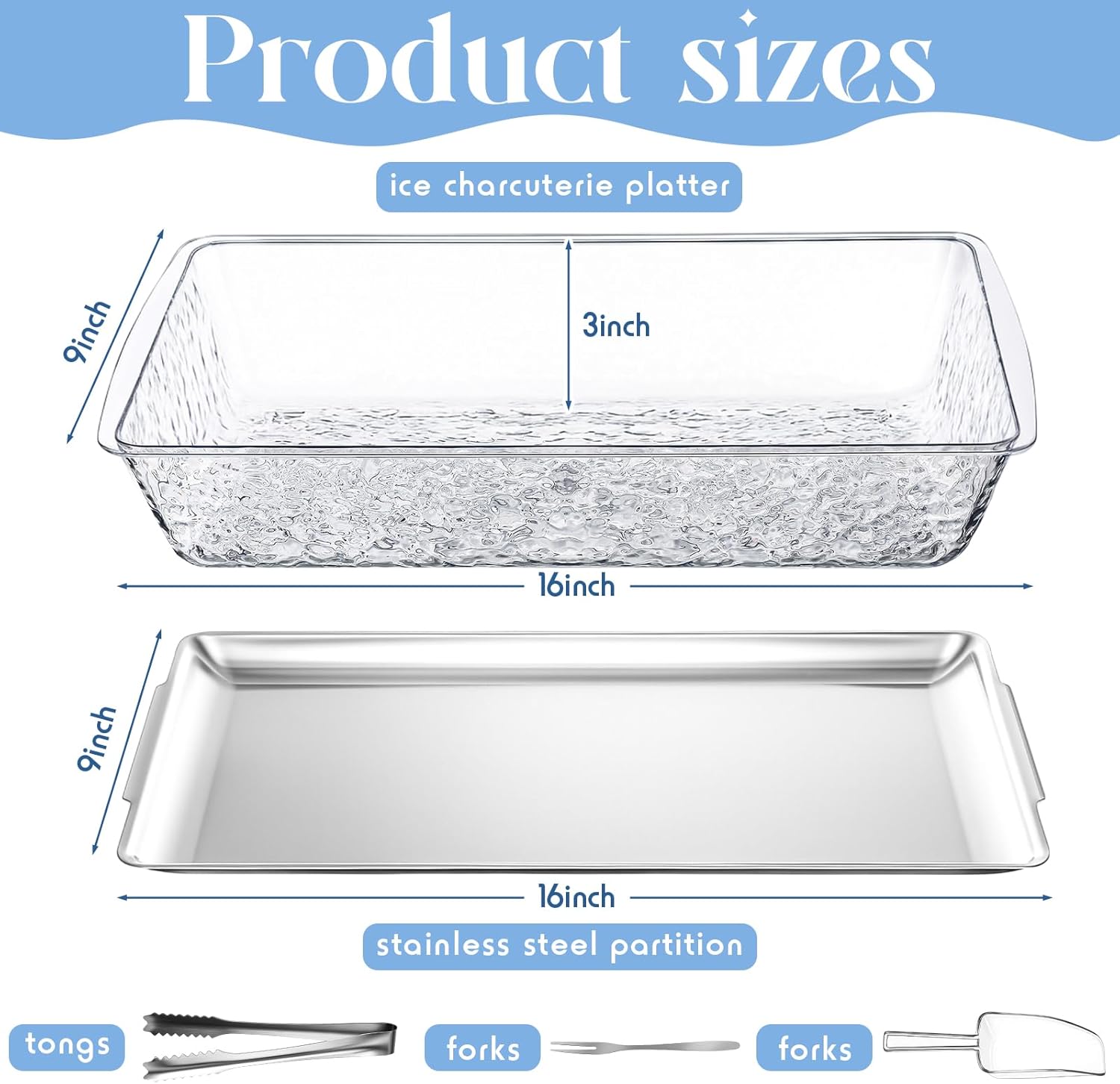 Baderke 1 Set 16" x 9" Chilled Serving Tray for Parties with Compartments and Lid Charcuterie Serving Board Ice Rectangle Chilled Party Platter for Seafood Vegetable Fruit Shrimp Cocktail (Silver)