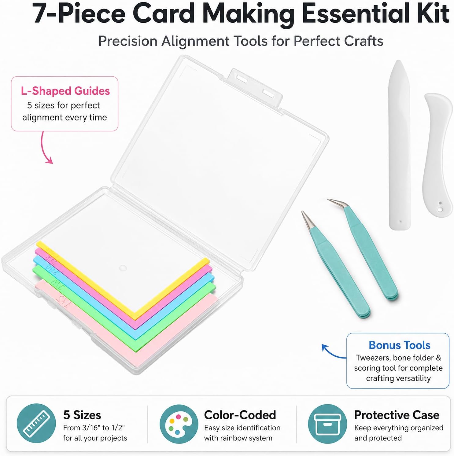 5-Piece Paper Craft Alignment Guide Set with Storage Case, Includes Precision Layering and Matting Spacers, Tweezers and Creaser,Ideal for Card Making, Scrapbooking and DIY Paper Crafts