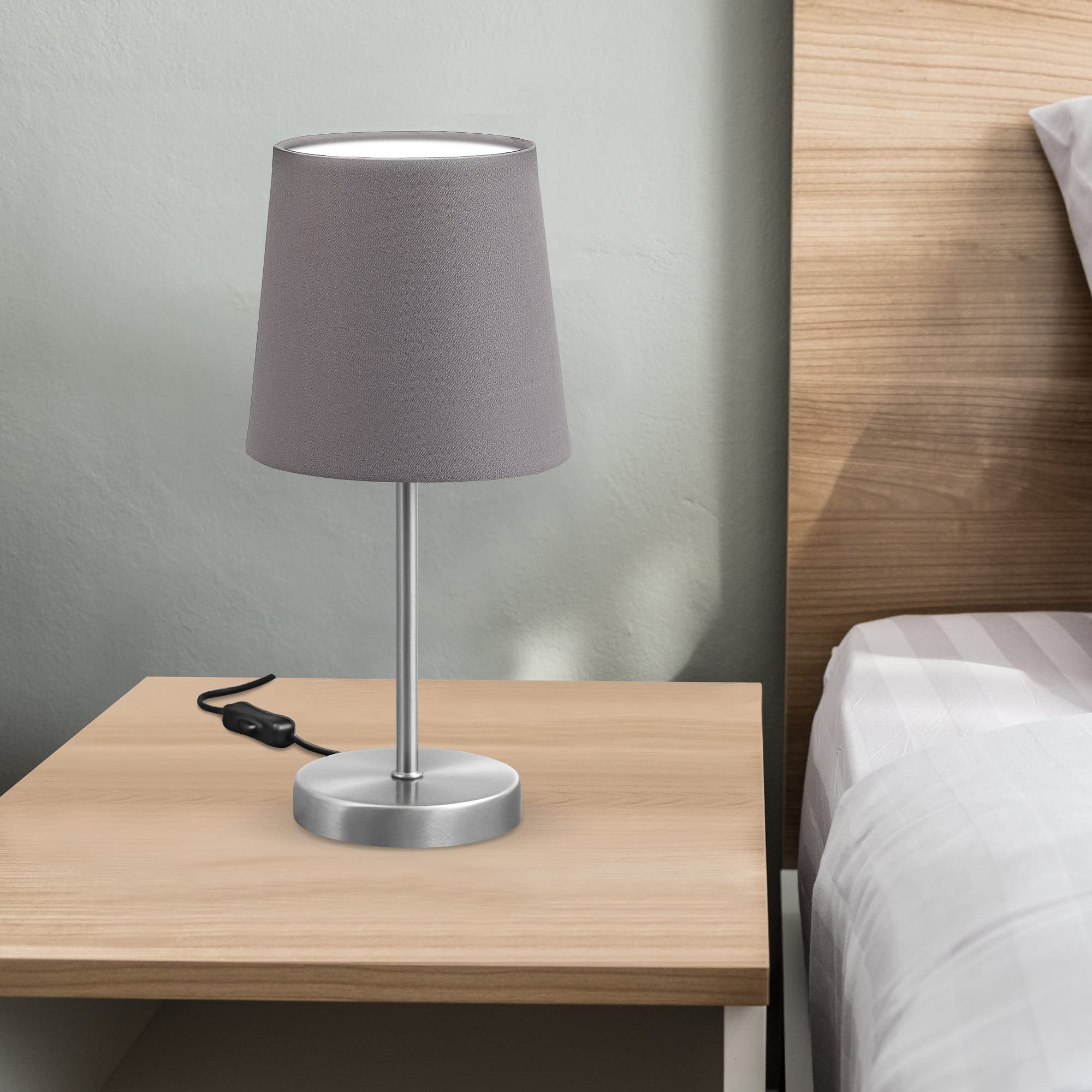 B.K.Licht - Lampe de chevet avec interrupteur à câble, douille E14, abat-jour en tissu, lampe de bureau, lampe de table, lampe de chevet chambre, lampe chevet, 30,8x10 cm, nickel mat