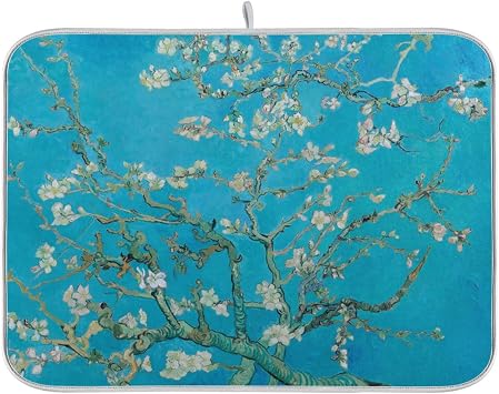 Large Dish Drying Mat for Kitchen Counter Absorbent Dryer Kitchen Pad Heat-Resistant Dishes Pad for Dishes, Rack Dish Drainer Coffee Maker Bar Van Gogh Apricot Flowers 16x18in
