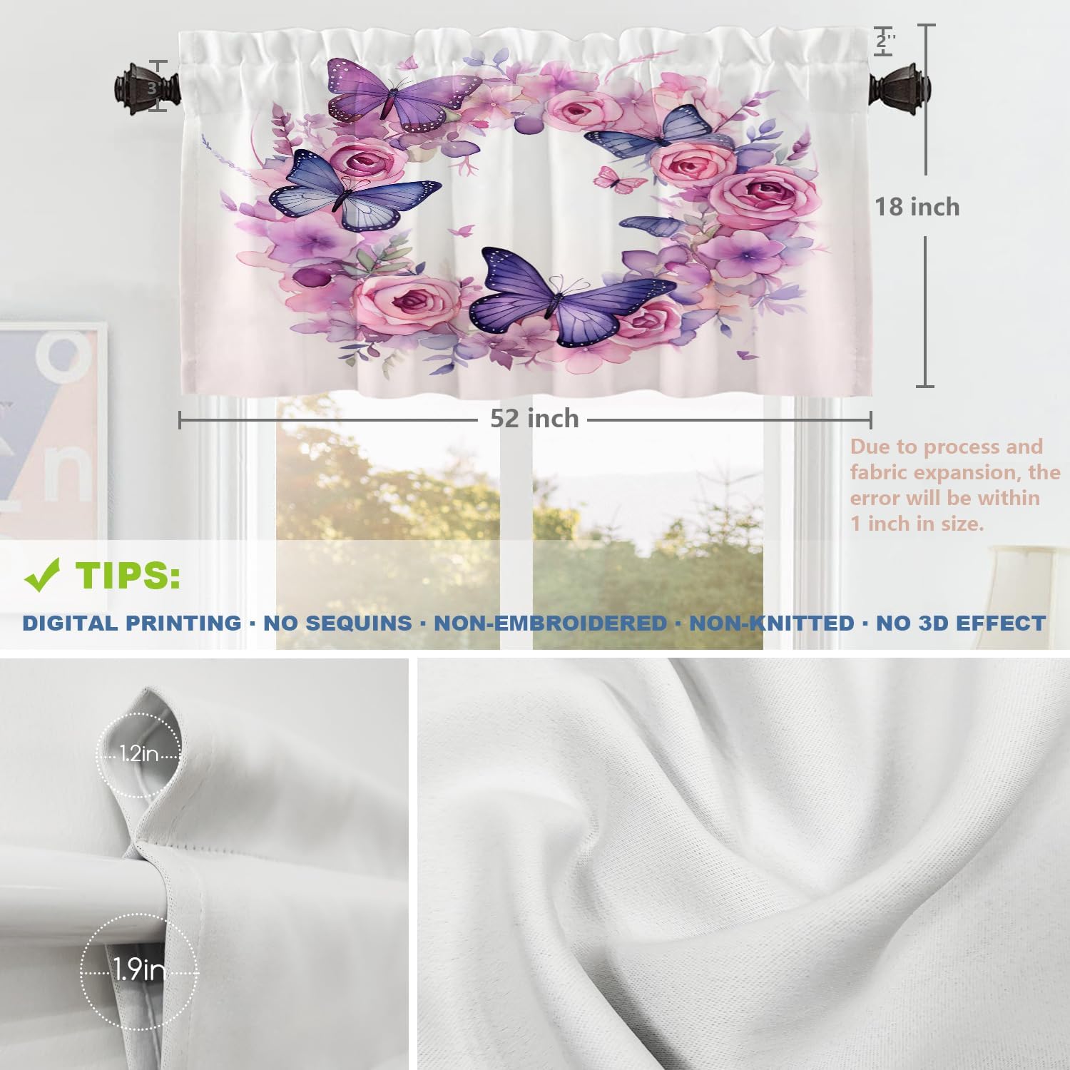 Shrahala Floral Wreath Butterflies Kitchen Valances, A Colorful Flower Wreath Butterflies Half Window Curtain Window Treatment Multilayer Polyester Blackout for Living Room Bathroom 2 Pack 52 x 18 in