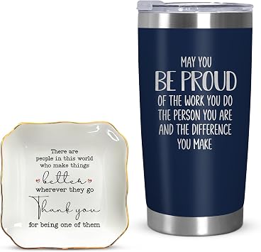 OASSIE Thank You Gifts for Women - 4"x4" Porcelain Jewelry Dish Tray & 20 oz Stainless Steel Insulated Coffee Tumbler with Lid - Birthday Retirement Appreciation Gifts for Women Coworker Teachers