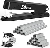 swihauk Heavy Duty Metal Stapler: 50 Sheet Capacity, No-Jam Full Strip with 1750 Staples & Remover, Non-Slip Base for Office Classroom Black