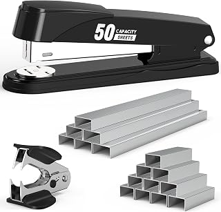 swihauk Heavy Duty Metal Stapler: 50 Sheet Capacity, No-Jam Full Strip with 1750 Staples & Remover, Non-Slip Base for Office Classroom Black