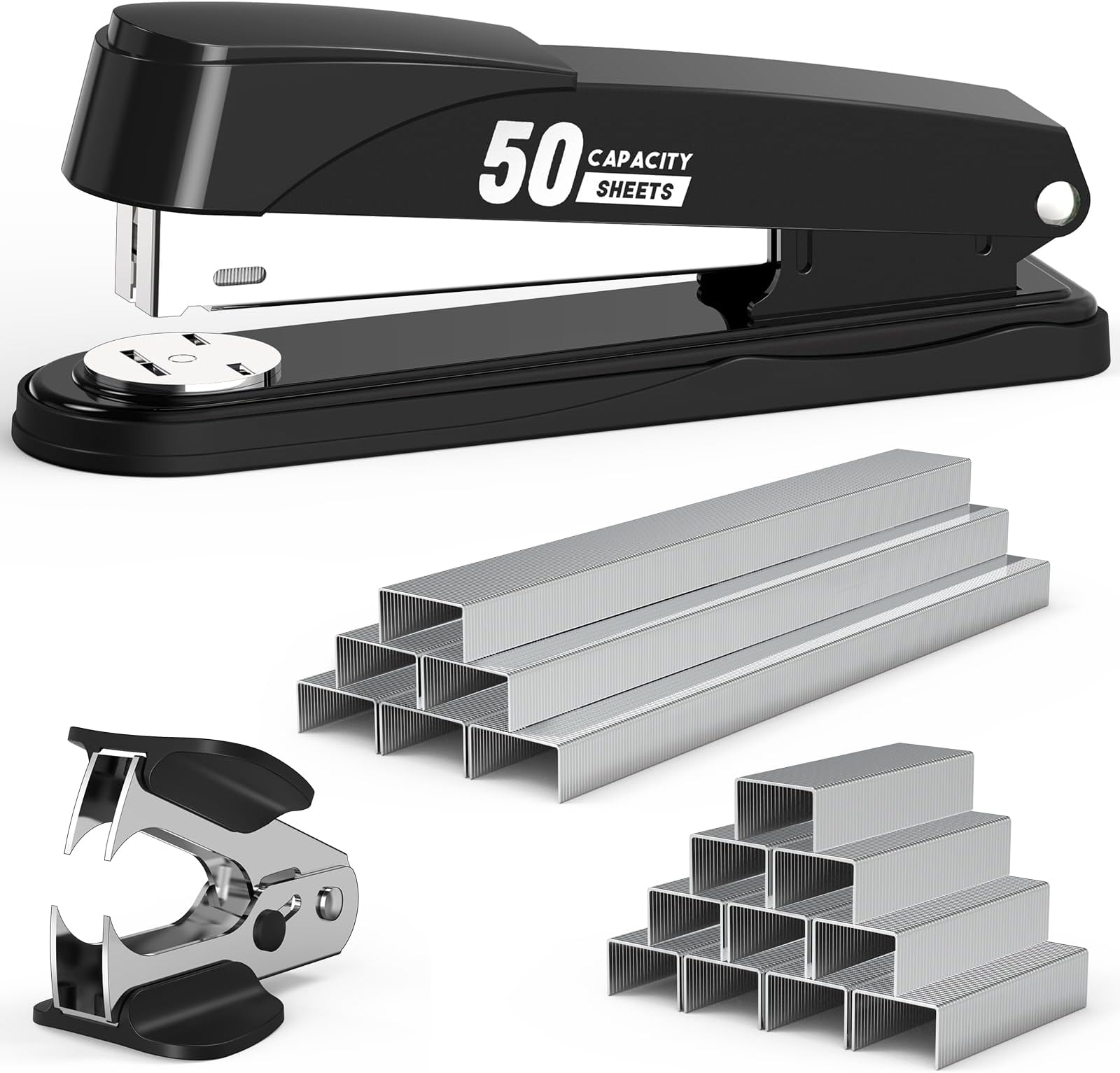 Metal Stapler Heavy Duty 50 Sheet Capacity with 1750 Staples and Staple Remover, Full Strip Staplers for Desk, No Jam, Non-Slip for Office & Classroom, Black