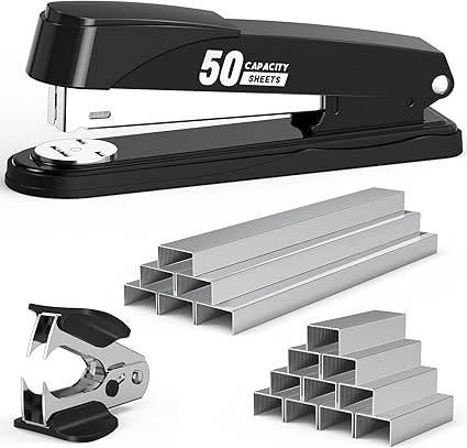 Metal Stapler Heavy Duty 50 Sheet Capacity with 1750 Staples and Staple Remover, Full Strip Staplers for Desk, No Jam, Non-Slip for Office & Classroom, Black