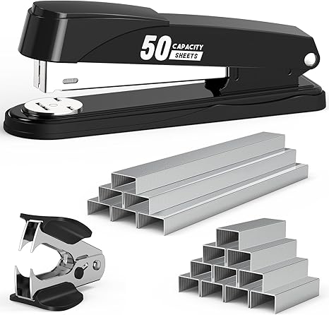 Metal Stapler Heavy Duty 50 Sheet Capacity with 1750 Staples and Staple Remover, Full Strip Staplers for Desk, No Jam, Non-Slip for Office & Classroom, Black
