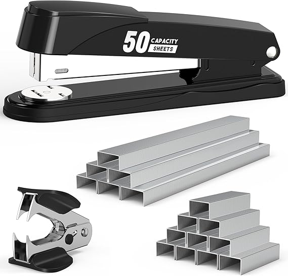 Metal Stapler Heavy Duty 50 Sheet Capacity with 1750 Staples and Staple Remover, Full Strip Staplers for Desk, No Jam, Non-Slip for Office & Classroom, Black