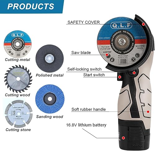 Miniatura 4 de ZFULVO Kit de amoladora angular de cepillo inalámbrico, mini herramienta de molienda angular eléctrica de 19500 rpm con 1 batería de 16.8 V 2000 mAh