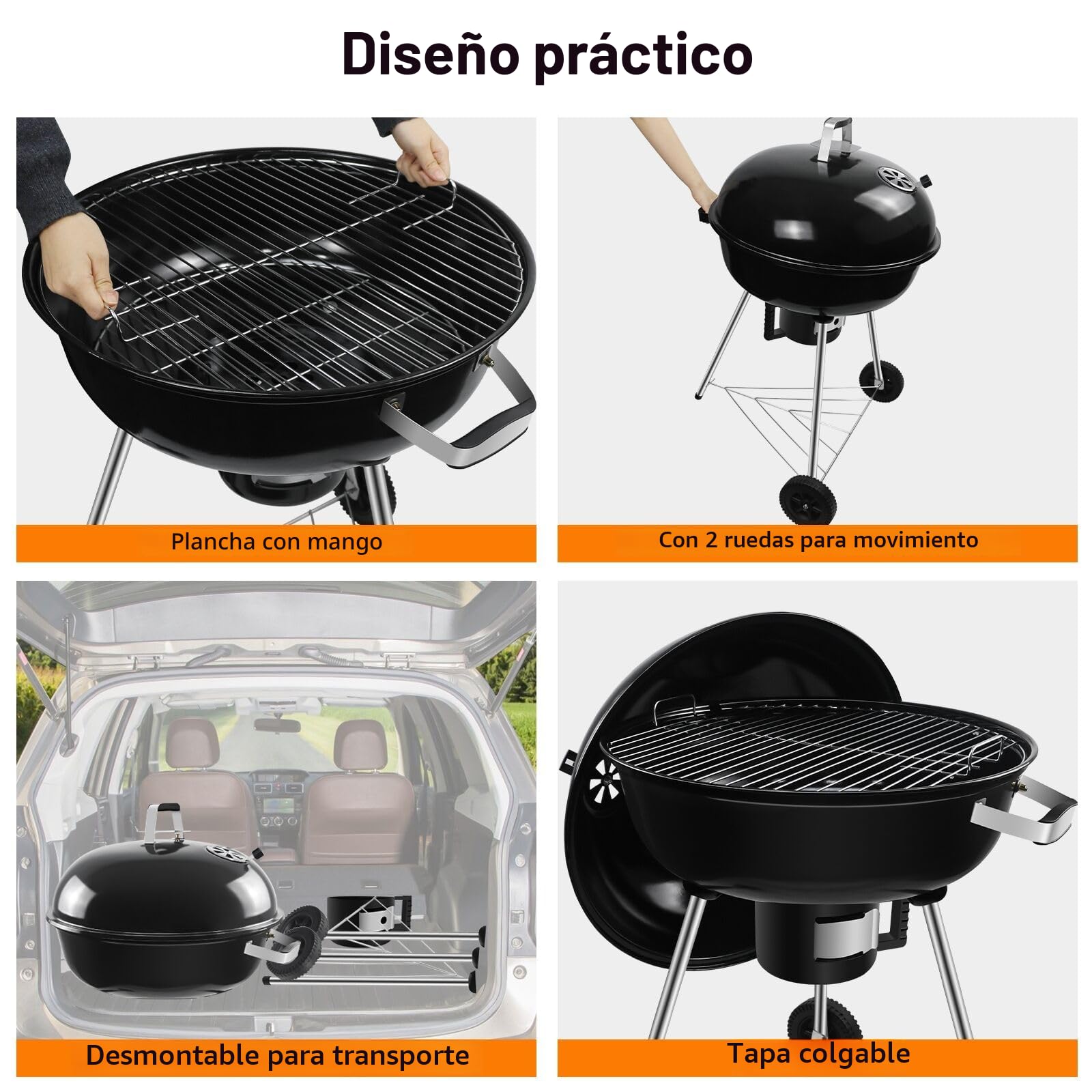 Barbacoa de carbón vegetal con tapa y ruedas, 54 cm de diámetro, compacta y fácil de transportar, perfecta para camping y eventos al aire libre, 64 x 64 x 99 cm | Parrilla de 54 cm de diámetro, carro de carbón vegetal con ruedas, adecuado para camping