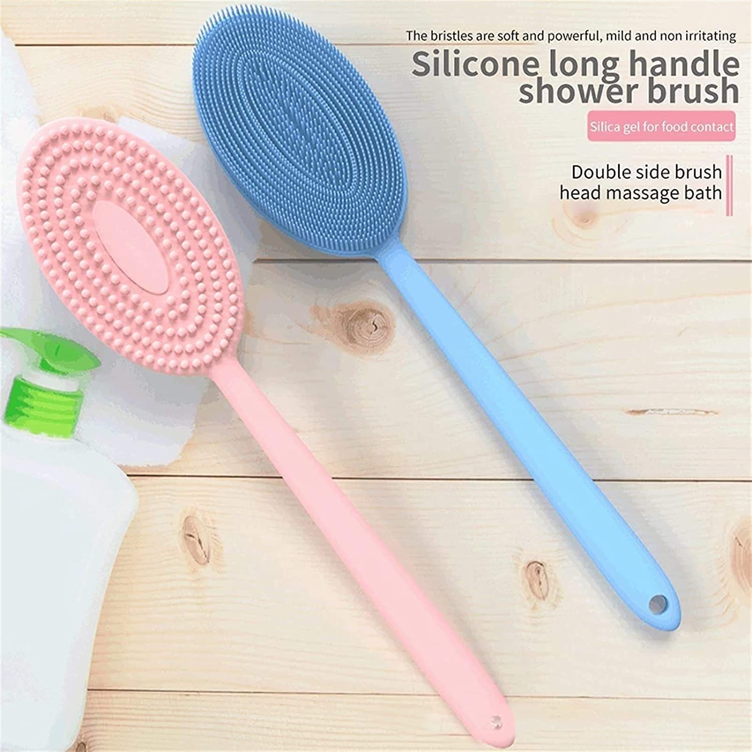 Silicona de Doble Cara Frote Trasero Multifuncional Baño Ducha Cuerpo Exfoliante Masaje Champú Cepillo con Mango Largo (Color : Blue)