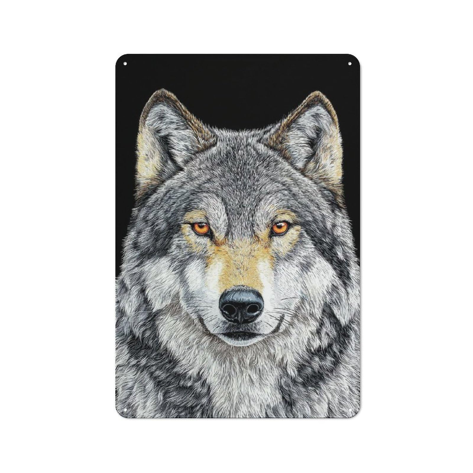 Junmoney Style-19 For Guest Room Or Hallway, Wolf Portrait On Black Background Retro Metal Wall Sign 30X20cm, For Vintage Wall Decor Fans, For Metal Sign Collectors