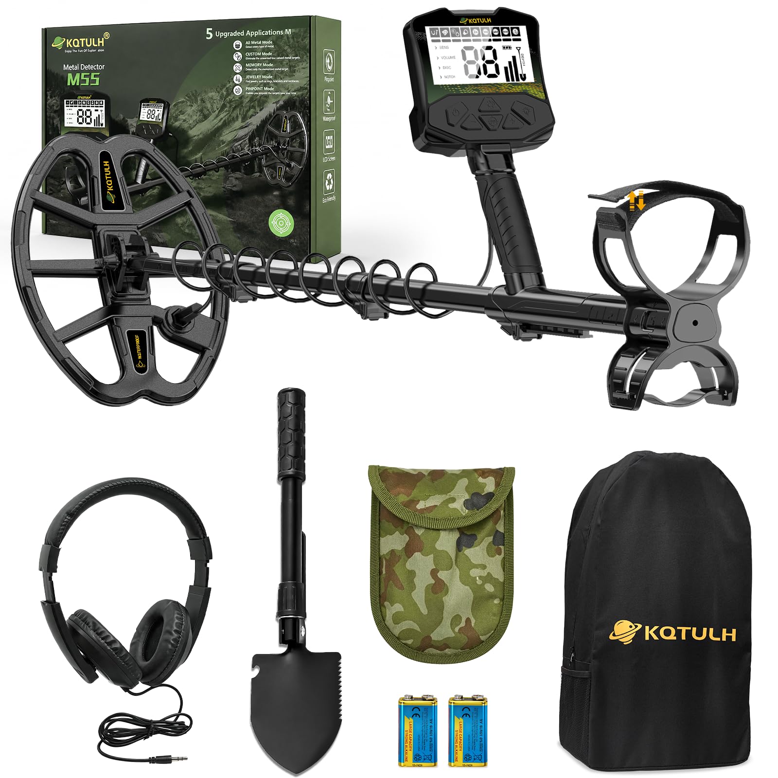 Metalldetektor, Golddetektor Profi für Erwachsene, 5 Modi mit Pinpointer | 30,5CM Wasserdichte IP68-Spule, 32,5CM Suchtiefe, Hochpräziser DSP-Chip, LCD-Display, Stufenlos verstellbarer Teleskopstiel