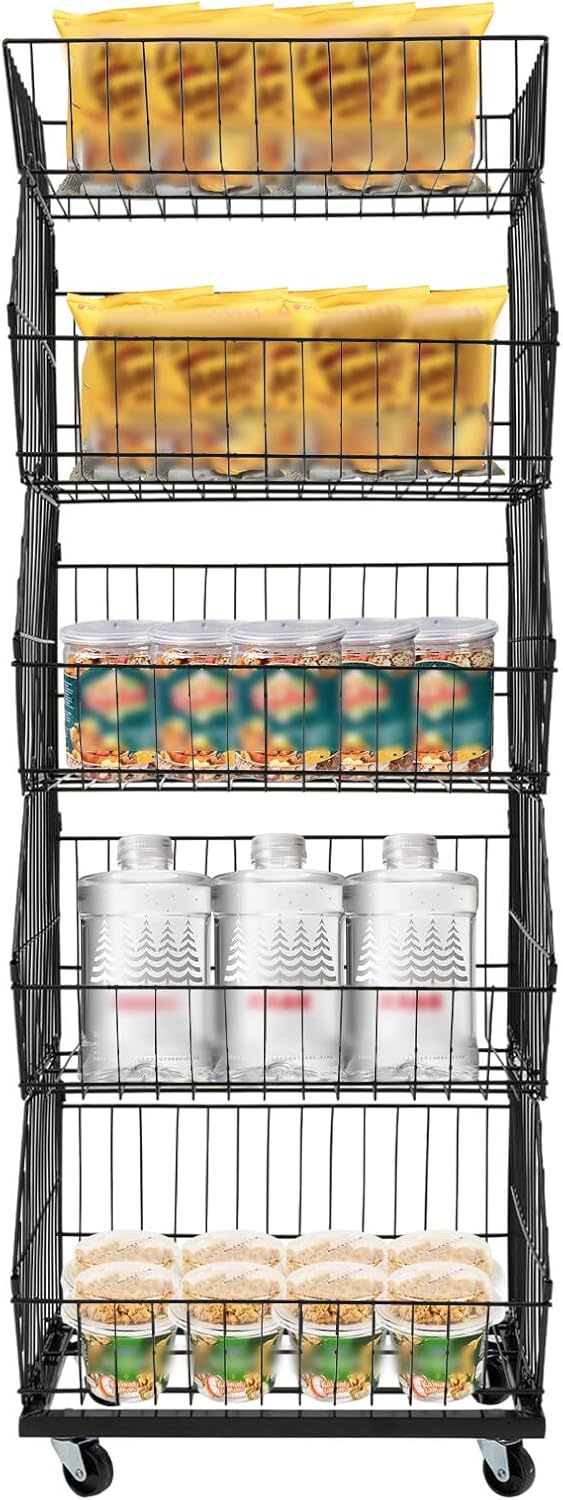 5-Tier Retail Display Rack Slanted Rolling Display Stand Freestanding Market Merchandise Display Rack with 4 Universal Wheels for Home, Grocery Store, Market (Black, 19 x 18 x 55In)