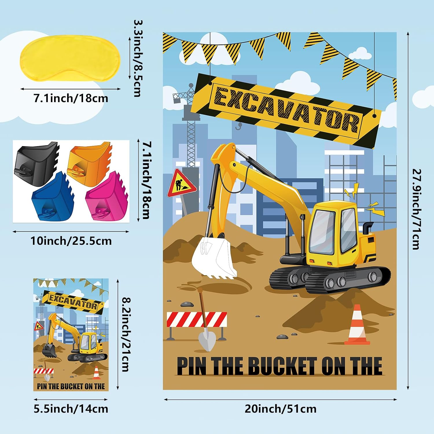Hxezoc Pin The Bucket on The Excavator Game with 32 Pcs Buckets Large Construction Party Games Poster for Kids Birthday Party Construction Party Supplies