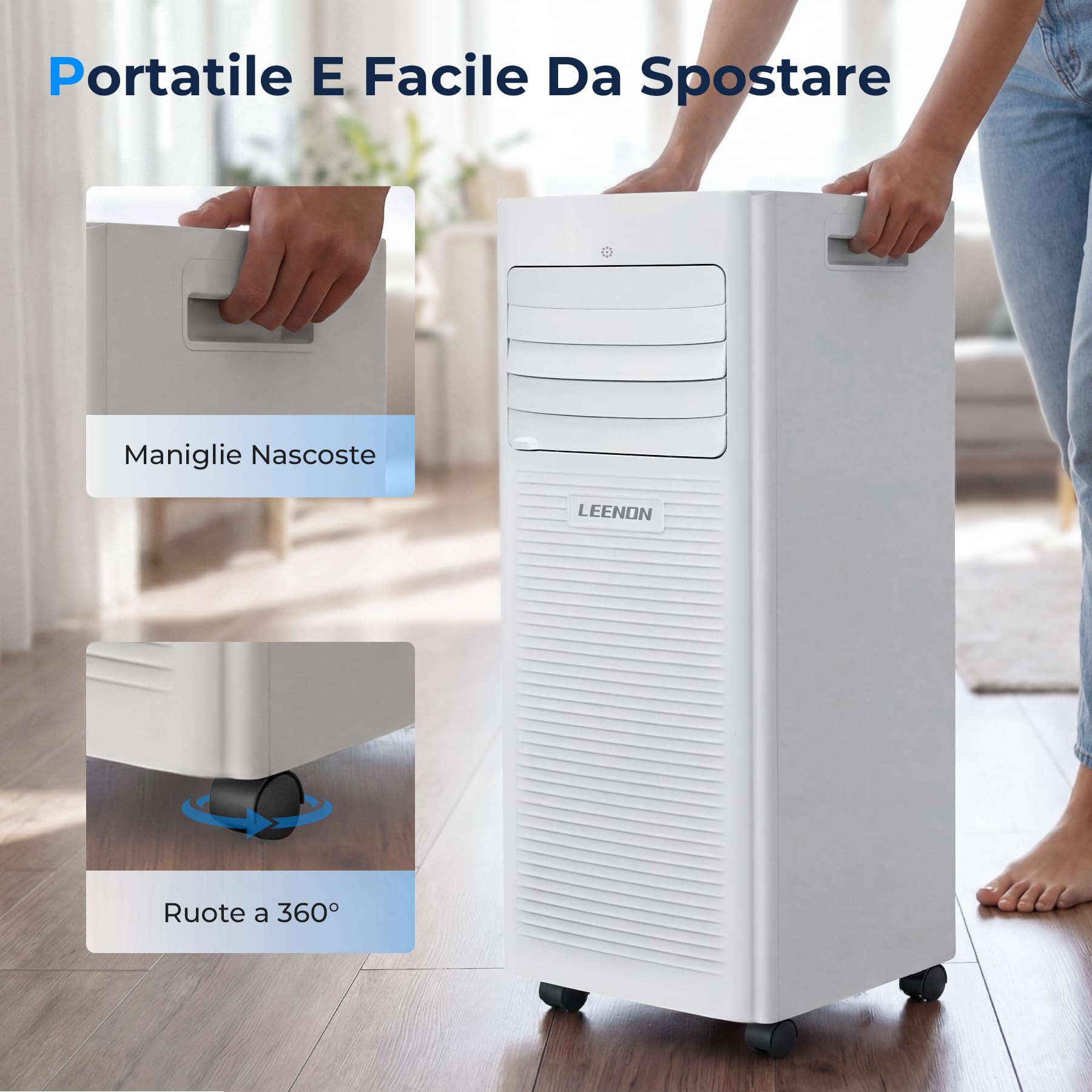 LEENON 9000 BTU Condizionatore Portatile, 4 in 1 Climatizzatore Portatile Deumidificatore Ventilazione e Modalità Sonno, Aria Condizionatore mit Telecomando, Timer 24 Ore, Kit Tubo di Scarico (35 m²)