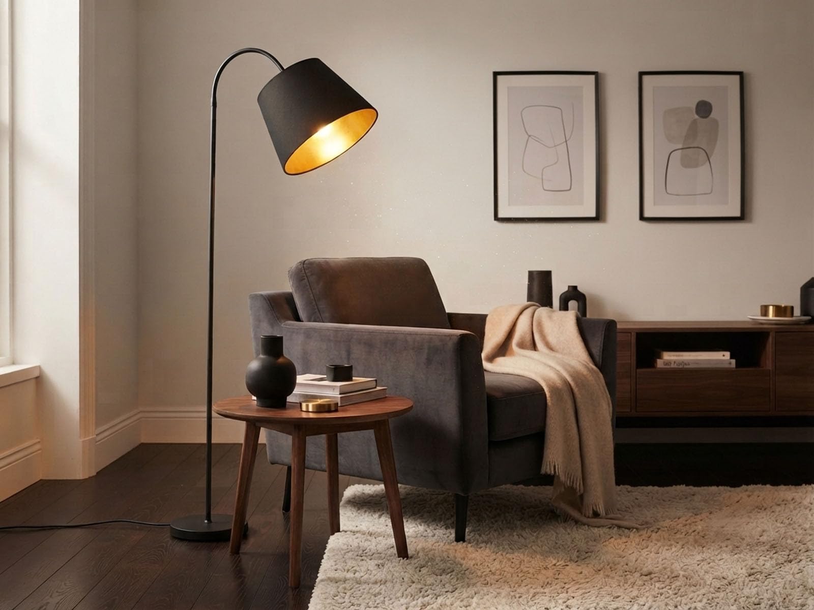 meineWunschleuchte Steh-Lampe gebogen Schwarz Gold mit Stoff Lampenschirm | Höhe 156cm, E27, mit Fußschalter, klassische Stehleuchte, für Wohnzimmer & Schlafzimmer, gemütliche Beleuchtung