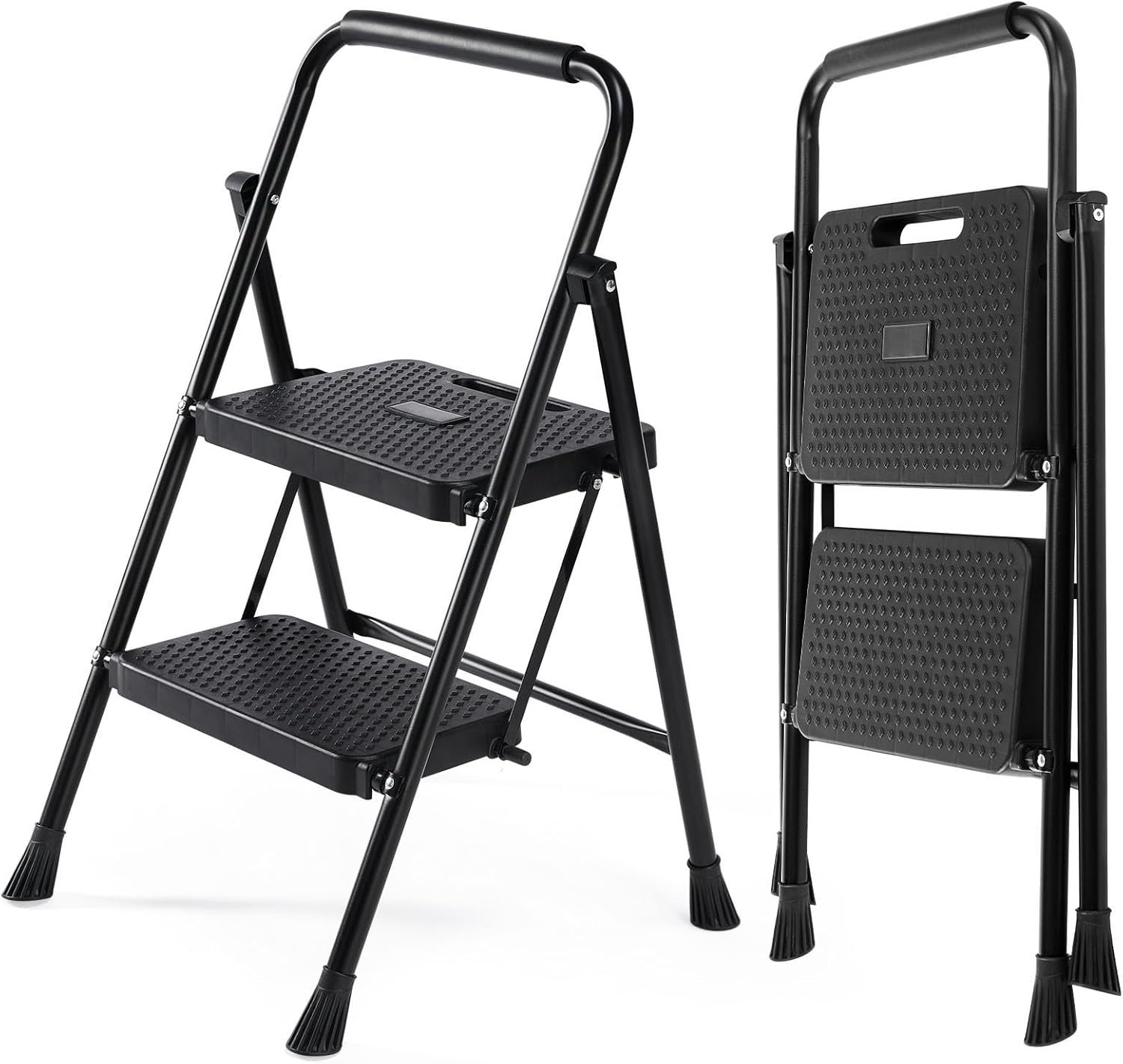 NEWBULIG 2 Step Ladder, Folding Step Stool with Safety Lock, Anti-Slip Design, Portable Foldable Ladder for Home Kitchen, Jet Black