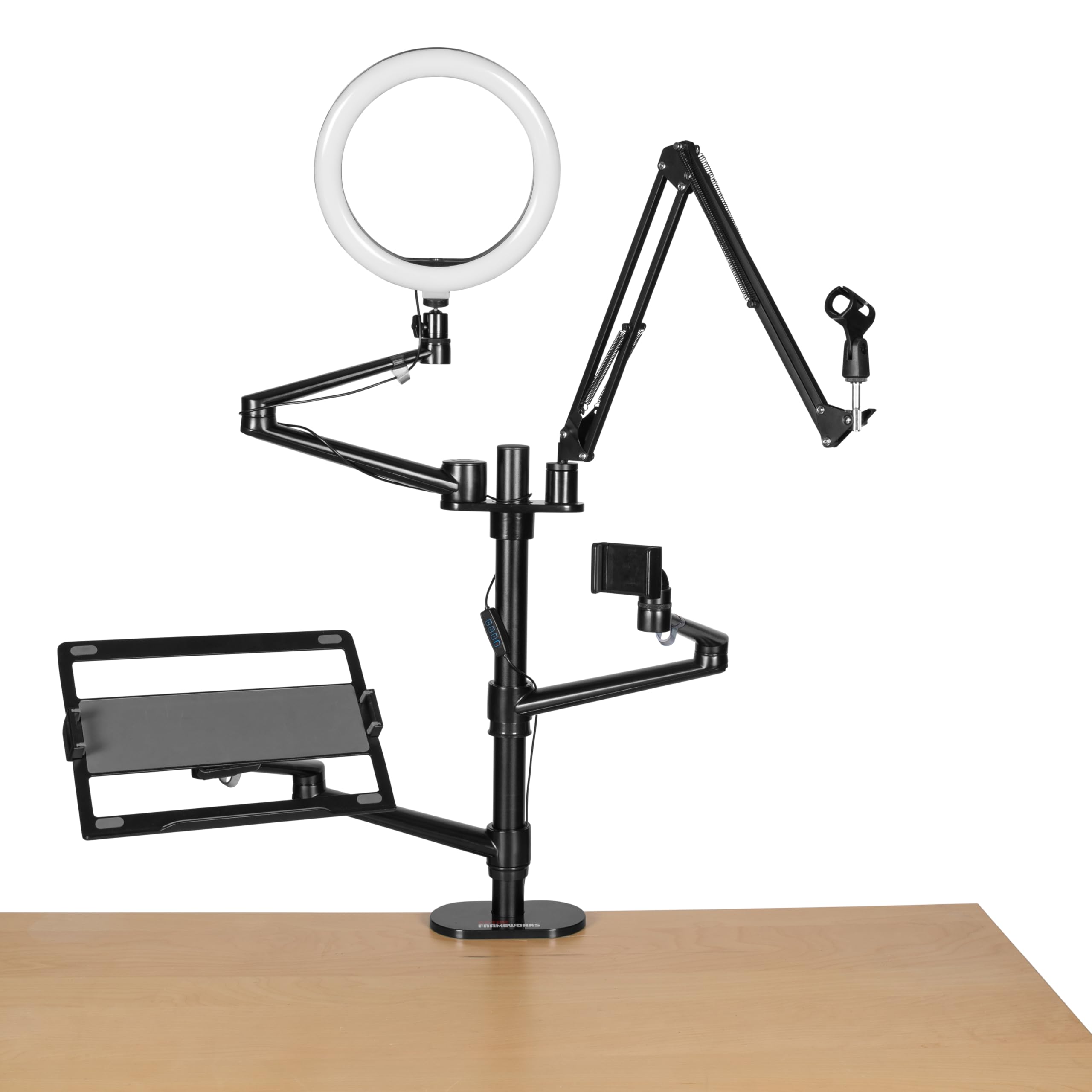 Gator Frameworks 6-in-1 Content Creator Streaming Desktop Stand Set Includes Smartphone, Tablet, Laptop Clamps, Vesa Mount, Ring Light, Microphone Boom Arm, Black (GFW-STREAMSTAND)