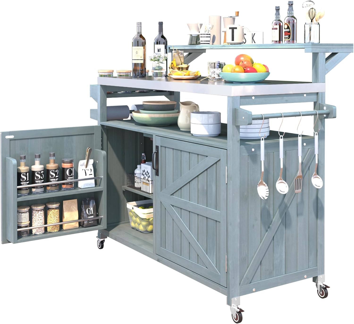 Outdoor Kitchen Island with Raised Shelf, Wood Outdoor Rolling Grill Cart with Internal Storage Rack, Adjustable Shelf, Spice Rack and Stainless Steel Top (Grey Blue)