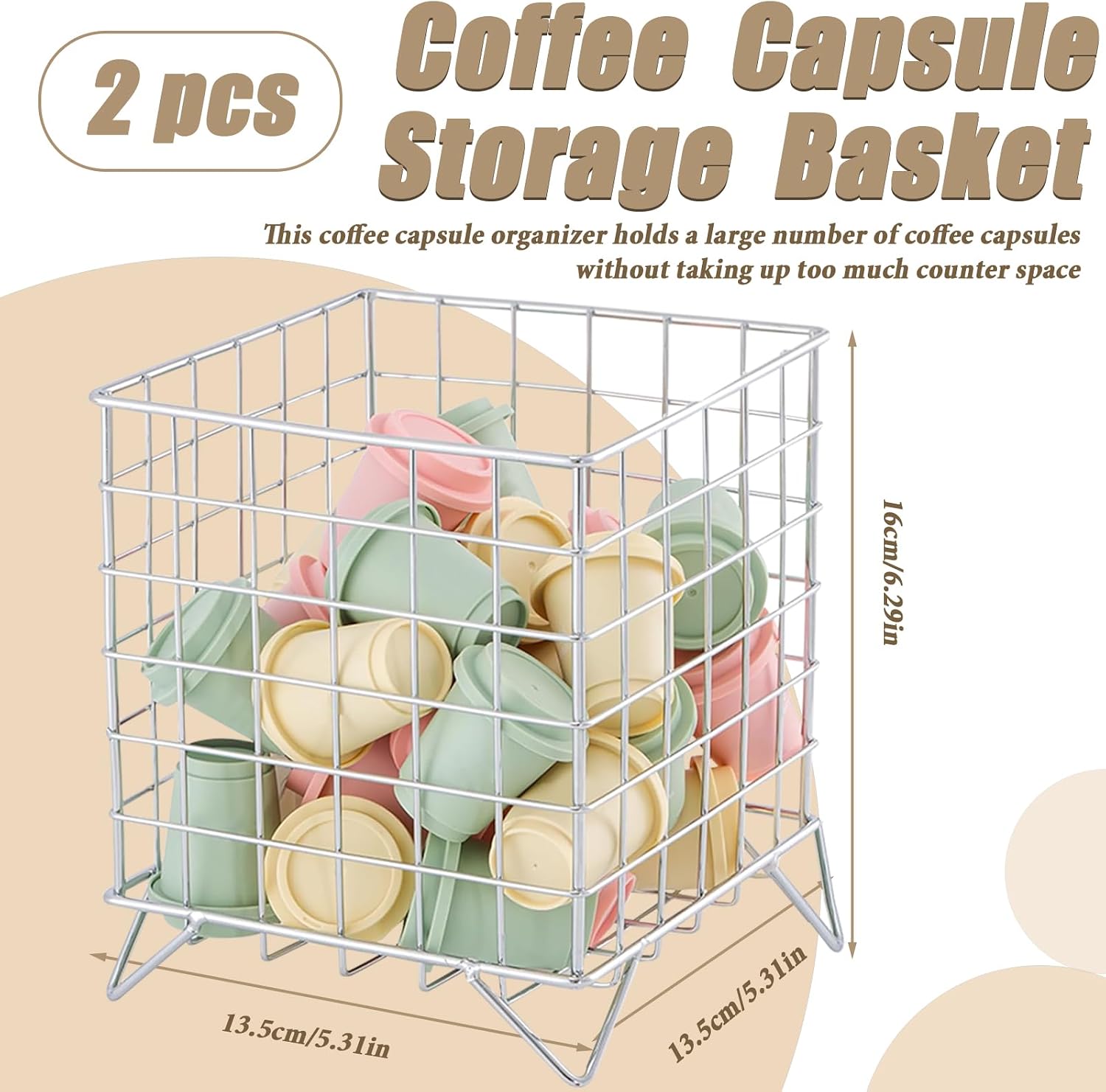 2 Packs Metal Wire Espresso Pod Holder Organizer, Reusable Coffee Pod basket, Coffee Capsule Holder Container for Countertop Storage Creamer Syrup Tea Kitchen Office Silver