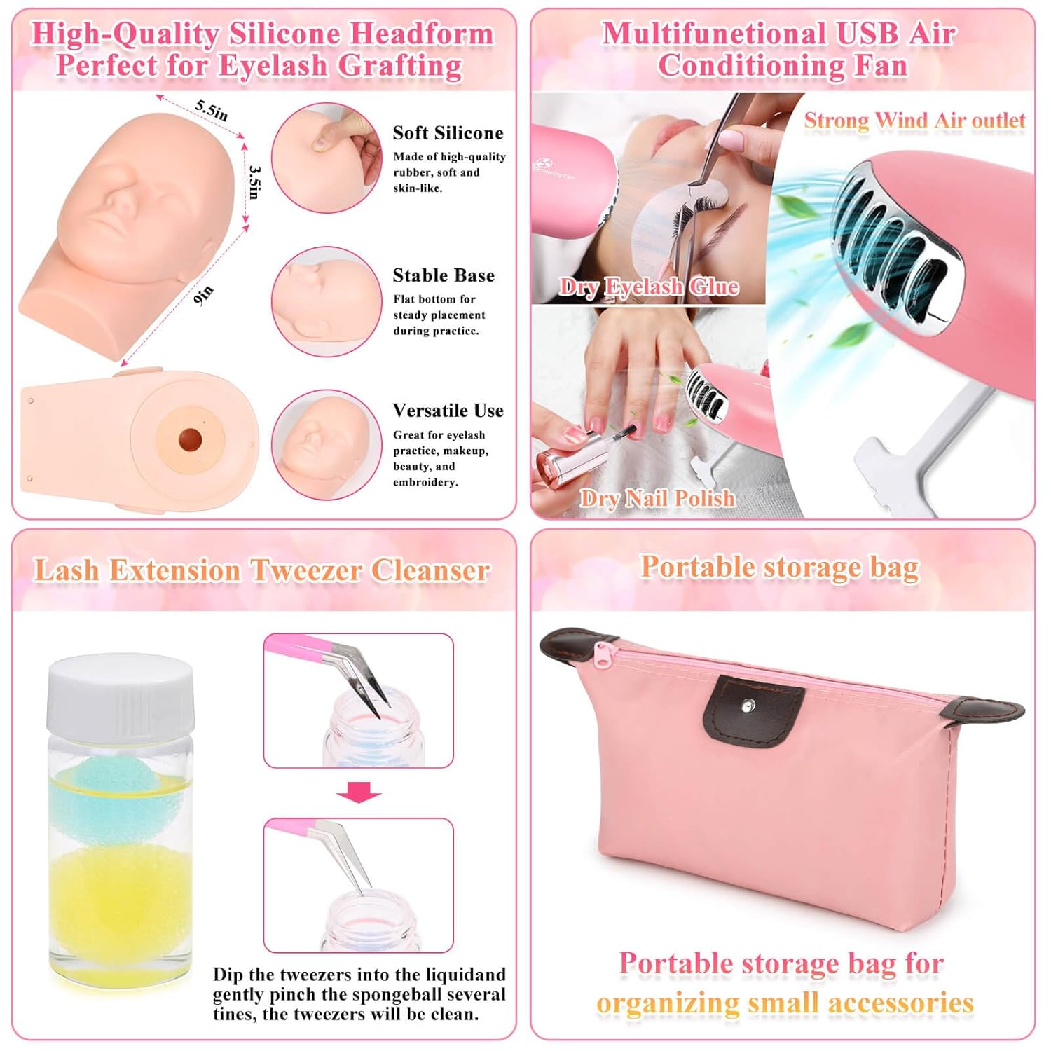 Lash Kits Extensions Kit for Beginners, Eyelash Lash Extension Kit for Beginners with Lash Mannequin Head, Lash Extension Practice Kit Starter Kit with Everything USB Fan, Lash Glue, Shampoo