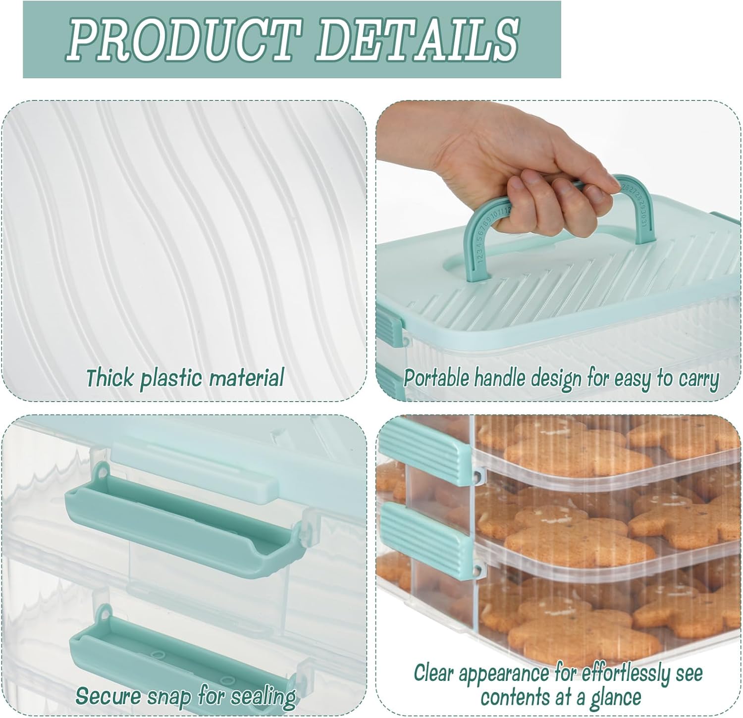 4-Layer Stackable Cookie Airtight Storage Containers with Lids, Portable Plastic Cookie Storage Case Snack Containers for Desserts, Cupcakes, Snacks, Dumplings, Fruit- Blue Lid