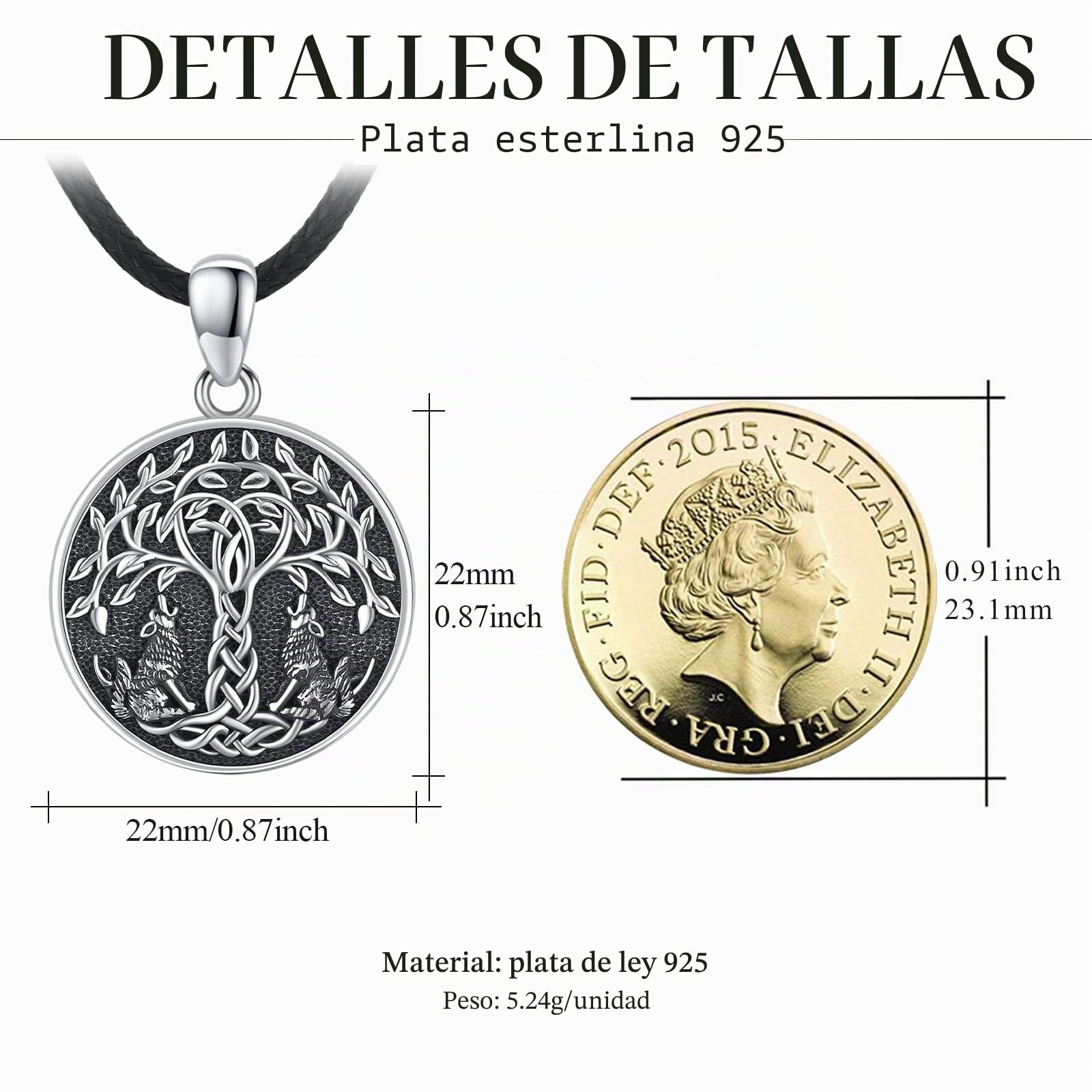 Cadena de árbol de la vida para hombre de plata de ley 925 árbol de la vida cuervo lobo colgante celta nudo redondo amuleto vikingo joyas regalos para mujeres hombres