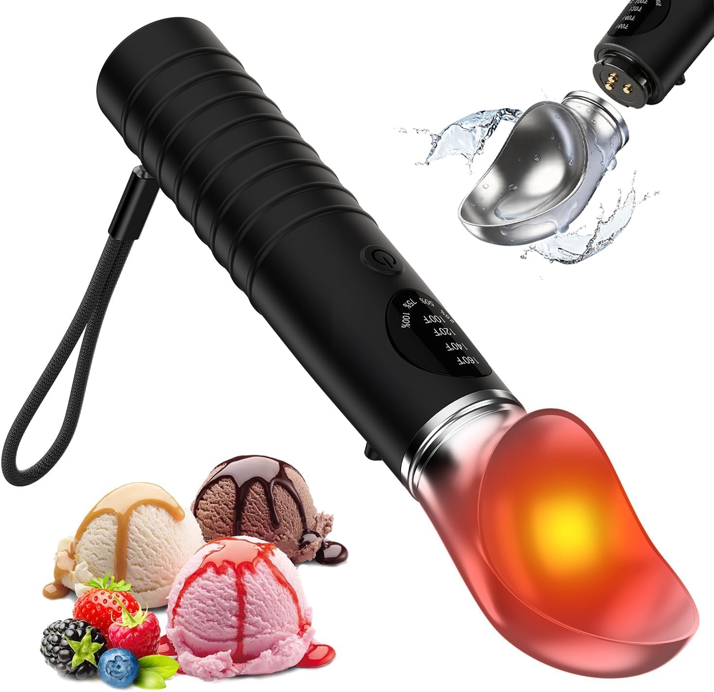 Heated Ice Cream Scoop Rechargeable, Electric Warming Scooper with 4-Temp Settings, Removable Head for Easy Clean, IP67 Waterproof & LED Display, Easy Release for Hard Ice Cream, Frozen Desserts