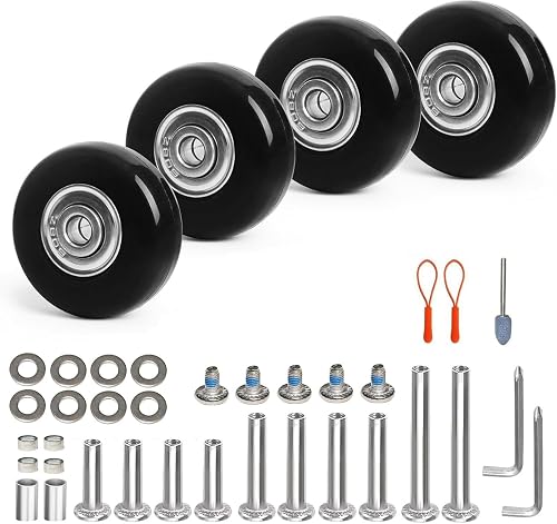 Luggage Wheels Replacement Kit 4PC 40mm x21mm PU Wheels with Bearing 3 Length Axles Support 6mm & 8mm Shaft For Most Suitcase Trolley Bag Travel Box Caster Repair