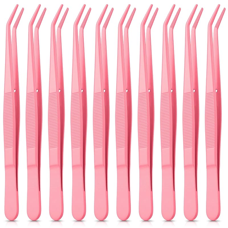 Honoson Pinças de Aço Inoxidável com Ponta Curva, Rosa, Pacote com 10