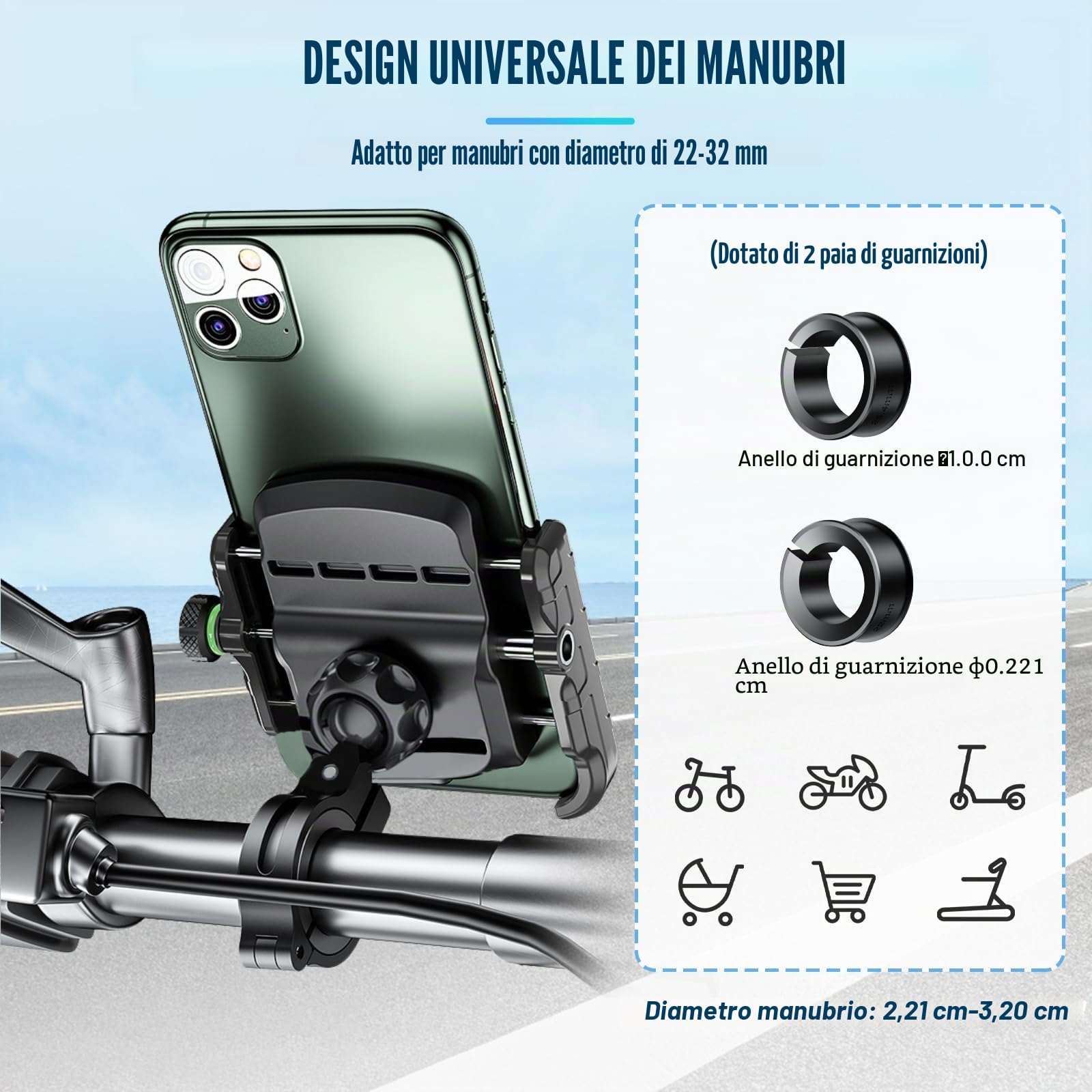 Porta Cellulare Bici, Supporto Telefono per Moto Universale Anti-Shake, Supporto Smartphone per Bici Manubrio MTB Scooter 360° Rotabile Compatibile con 3.5"-7.0" iPhone Samsung Huawei (Nero)
