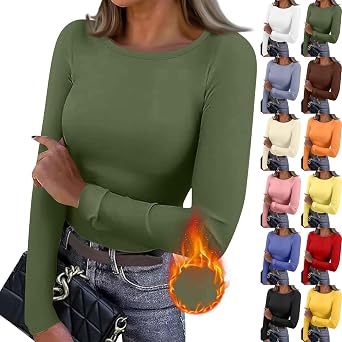 Womens Long Sleeve Tops Casual Comfy Crewneck Shirts Stretchy Slim Fit Basic Tees Fleece Pullover Thermal Underwear