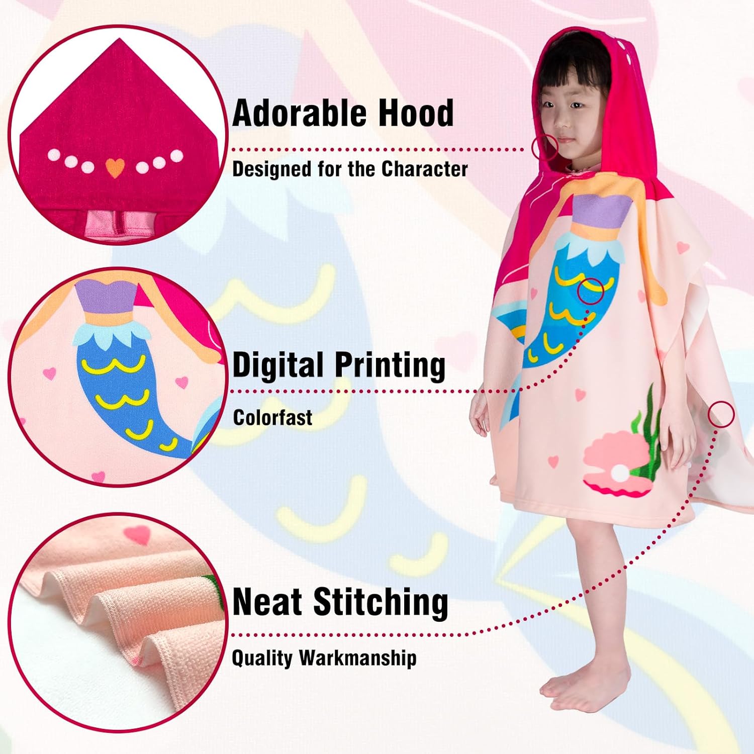 Hooded Kids Beach Towels - Toddler Bath Towel Girls Boys Swim Cover-ups for Ages 1 to 6 Kids Pool Towels Quick Dry Lightweight Soft Microfiber Poncho Towel 24x23(Mermaid Pink) - Image 3