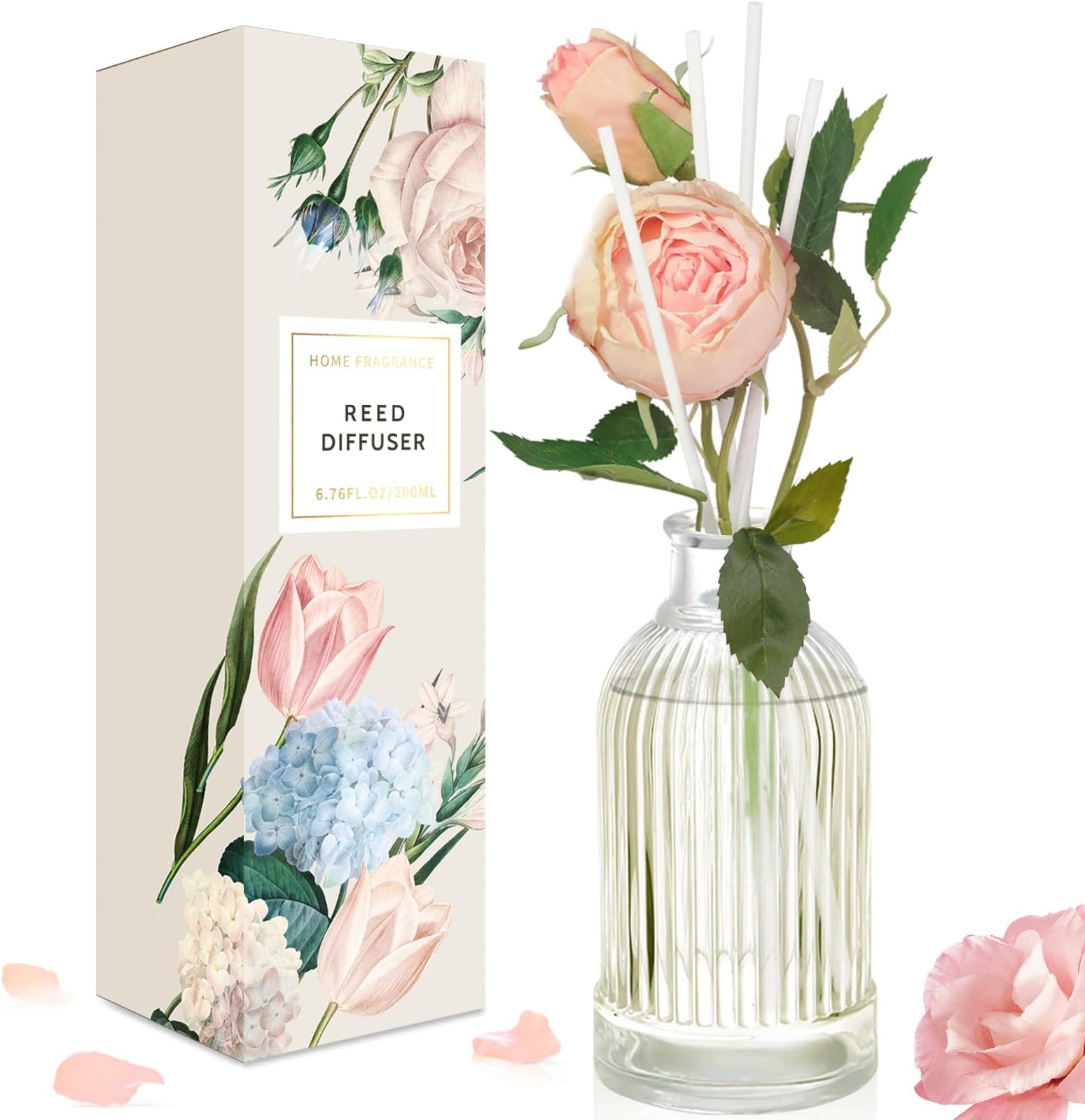 Reed Diffuser 200ml, Rose & Sandalwood Fragrance Reed Diffusers Set with 6 Fiber Sticks, Long Lasting Home Diffuser, Elegant Room Scent for Bedroom, Bathroom, Office Décor