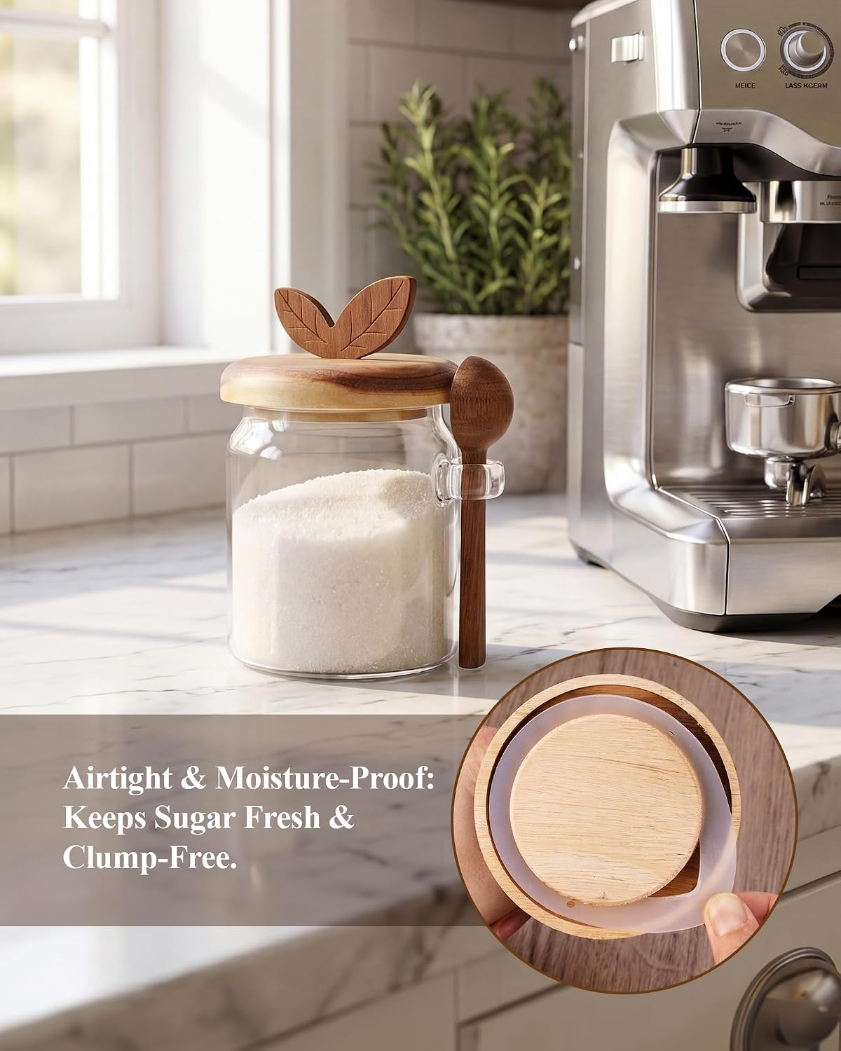 NiHome 17oz Sugar Jar, Airtight Glass, Bamboo Lid & Spoon, Clear