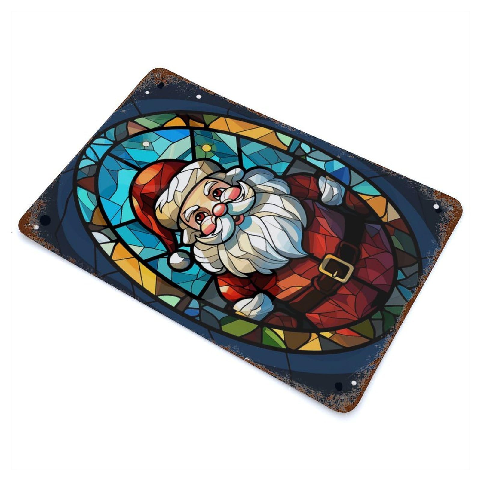 Rust Effect Santa Claus Stained Glass Vintage Rust Metal Sign 11.8"x7.9", Classic Wall Plaque for Shed, Workshop And Garage Wall Decor
