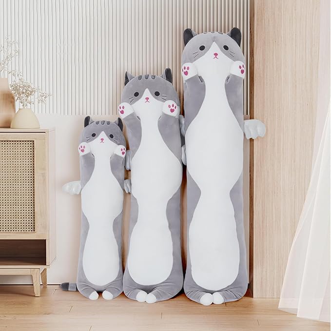 35.4 Pulgadas de largo, almohada de felpa de gato, gris, suave, animal de peluche, 2.9 pies miniatura 2