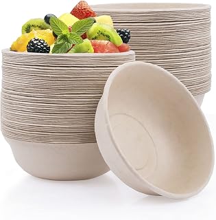 100 Pack Compostable Paper Bowls, 24oz Biodegradable Soup Bowls Made of Natural Bagasse, Eco-Friendly Disposable Bowls for Salad Dessert