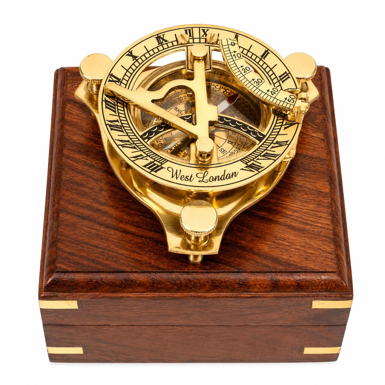 THOR INSTRUMENTS Cadran solaire boussole en laiton antique West London Article nautique avec boîte en bois Cadeau rustique vintage Décoration d'intérieur 8 cm