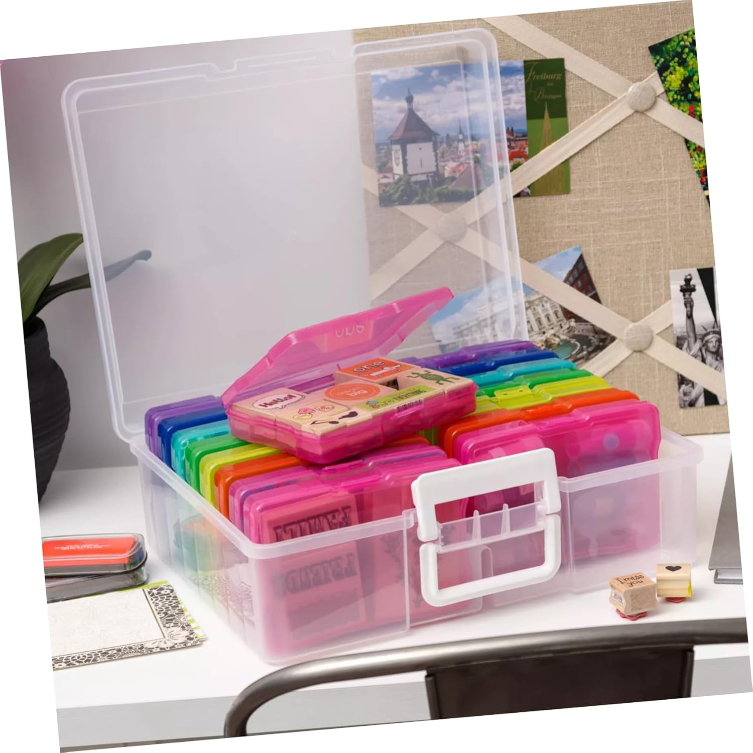 Compartment Photo Storage Box Multi-functional Organizer for Photos Postcards and Craft Supplies Colorful Handheld Case for and Desktop Organization