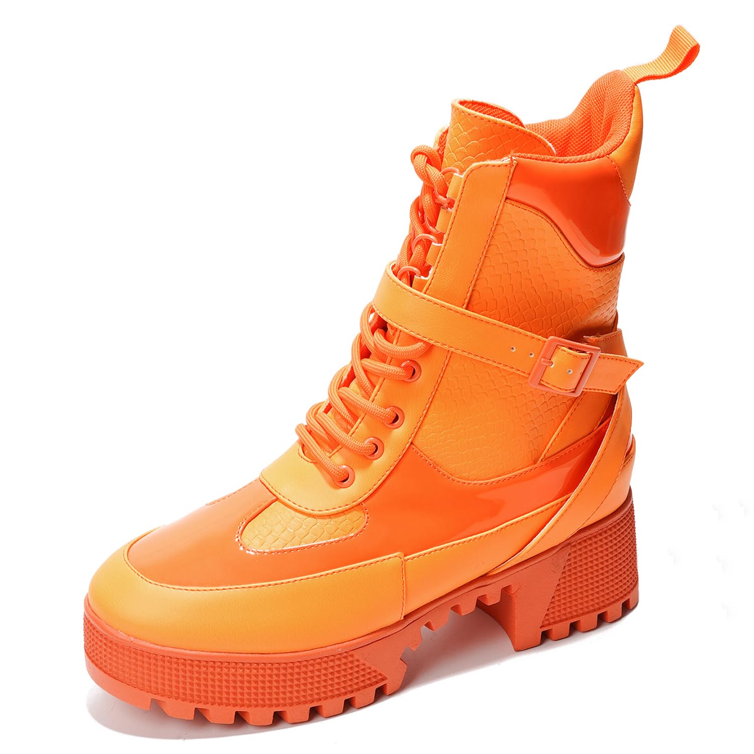 Women's Chunky Heel Combat Boots Platform Lace Up, High Top Ankle Boots Fall Winter Streetwear, Non-Slip Block Heel (Hot Rod)