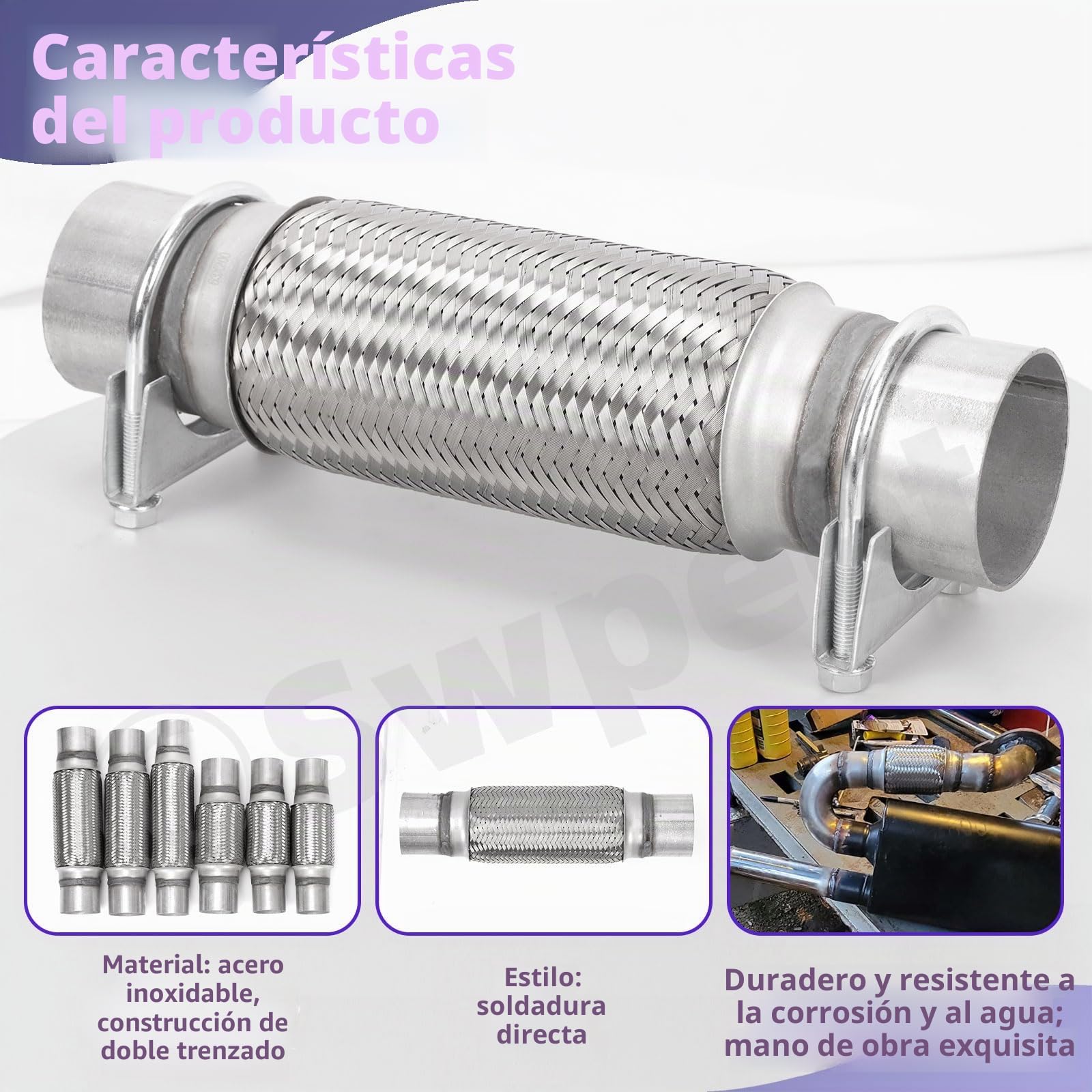 Swpeet 3 piezas tubo flexible de escape de 2,5 x 6 pulgadas con kit de abrazadera en U de escape de 2,5 pulgadas, tipo universal de acero inoxidable de doble trenza, tubo flexible de escape ideal para