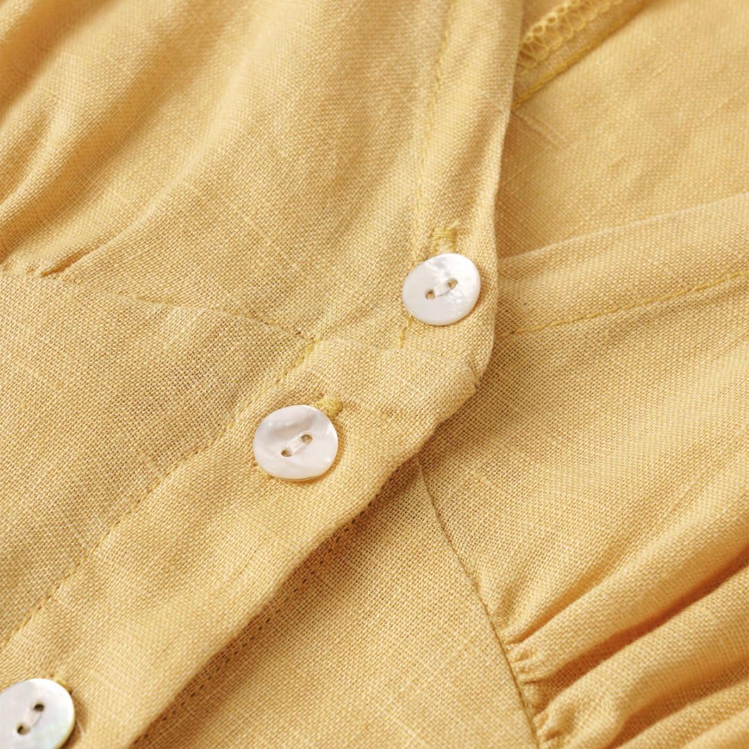 Amazhiyu Womens 100% Linen V Neck Sleeveless Button Down Midi Dress with Pockets Yellow, X-Large - Image 5