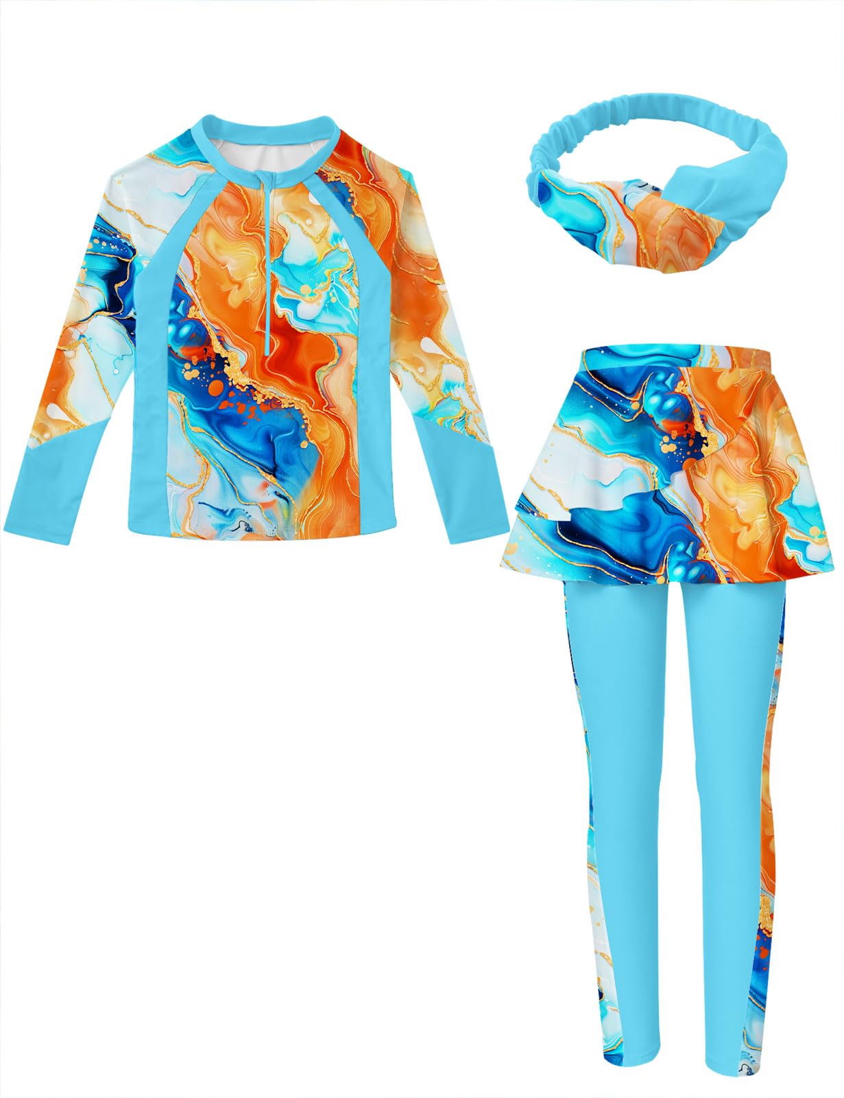 Girls Long Sleeve Rashguard Half Zip Swimsuits UPF 50+ Two Piece Swim Sets with Hairband 5-12Y | Two Piece Swim Sets with Hairband