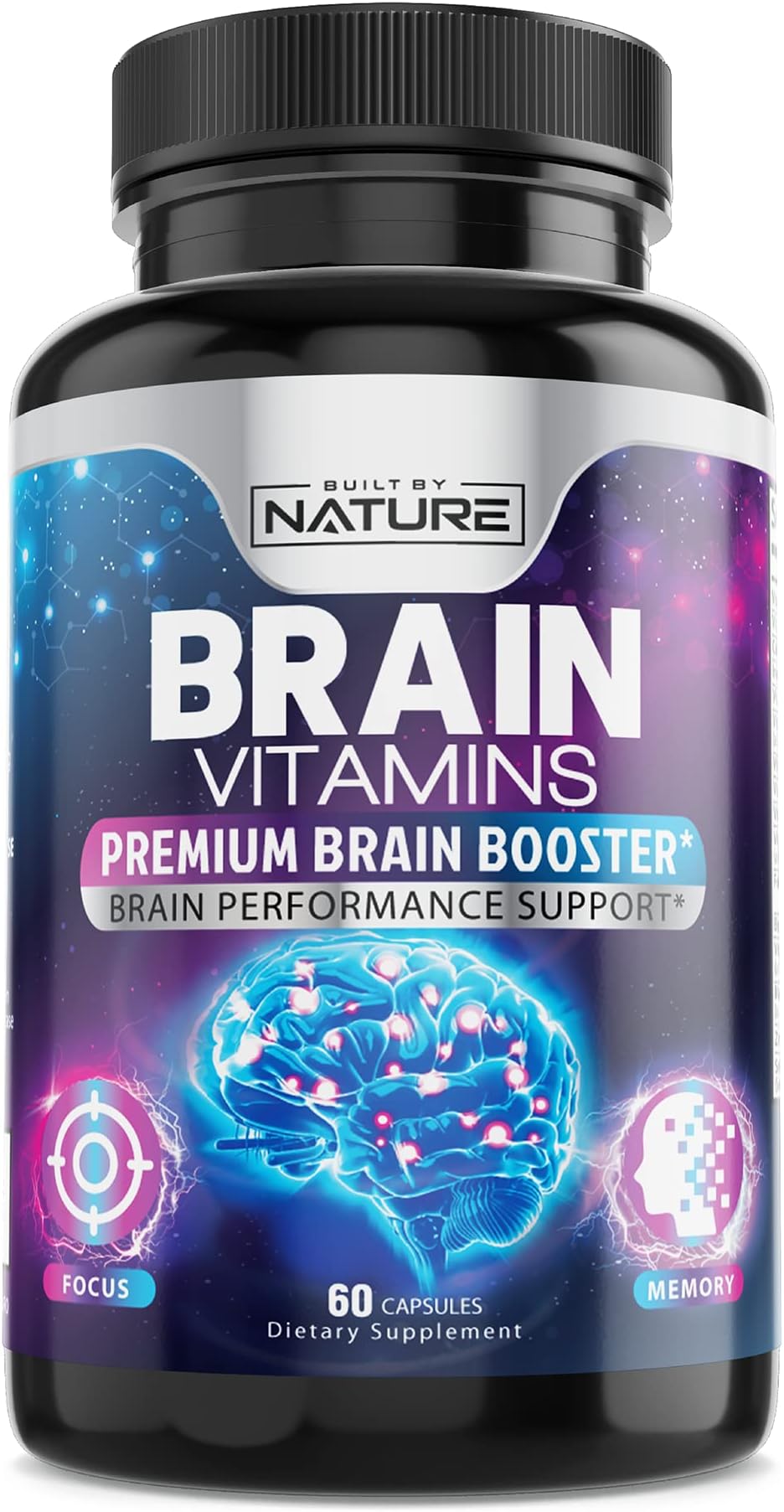 Nootropic Brain Booster Supplement - Memory, Focus & Concentration Support with Vitamins B6 & B12, Proven and Tested Phosphatidylserine - Natural Cognitive Function & Energy Boost, 60 Capsules