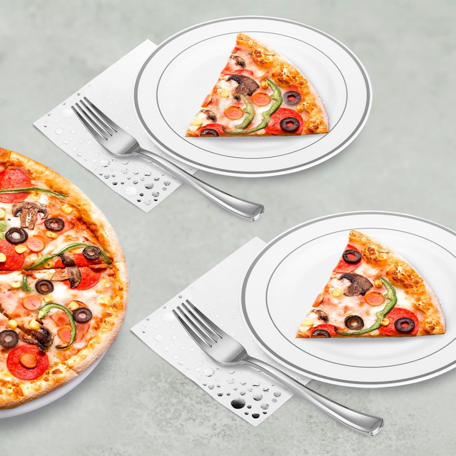 Stylish 7.5 Inch Silver Cake Plates with Disposable Forks and Cocktail Napkins (100 Set) - Small Appetizer Plates - Silver Plastic Dessert Plates - Plastic Cake Plates for Wedding Reception - Image 5