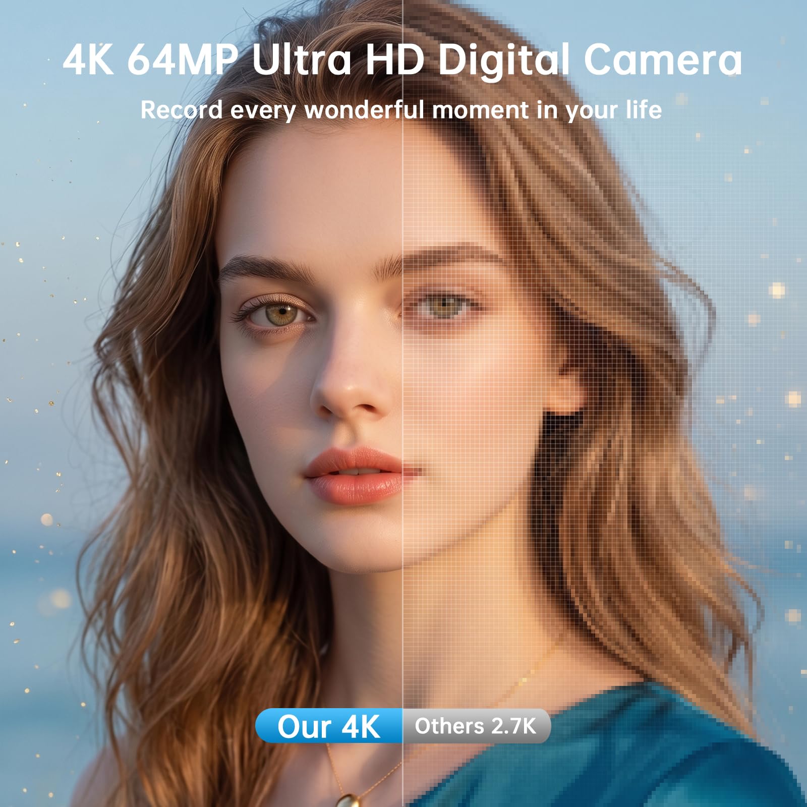 Fotocamera Digitale 4K WiFi, 64 MP Autofocus, Zoom 16X | Schermo ribaltabile da 3 pollici a 180°, scheda 32GB, base di ricarica e 2 batterie per vlog e viaggi