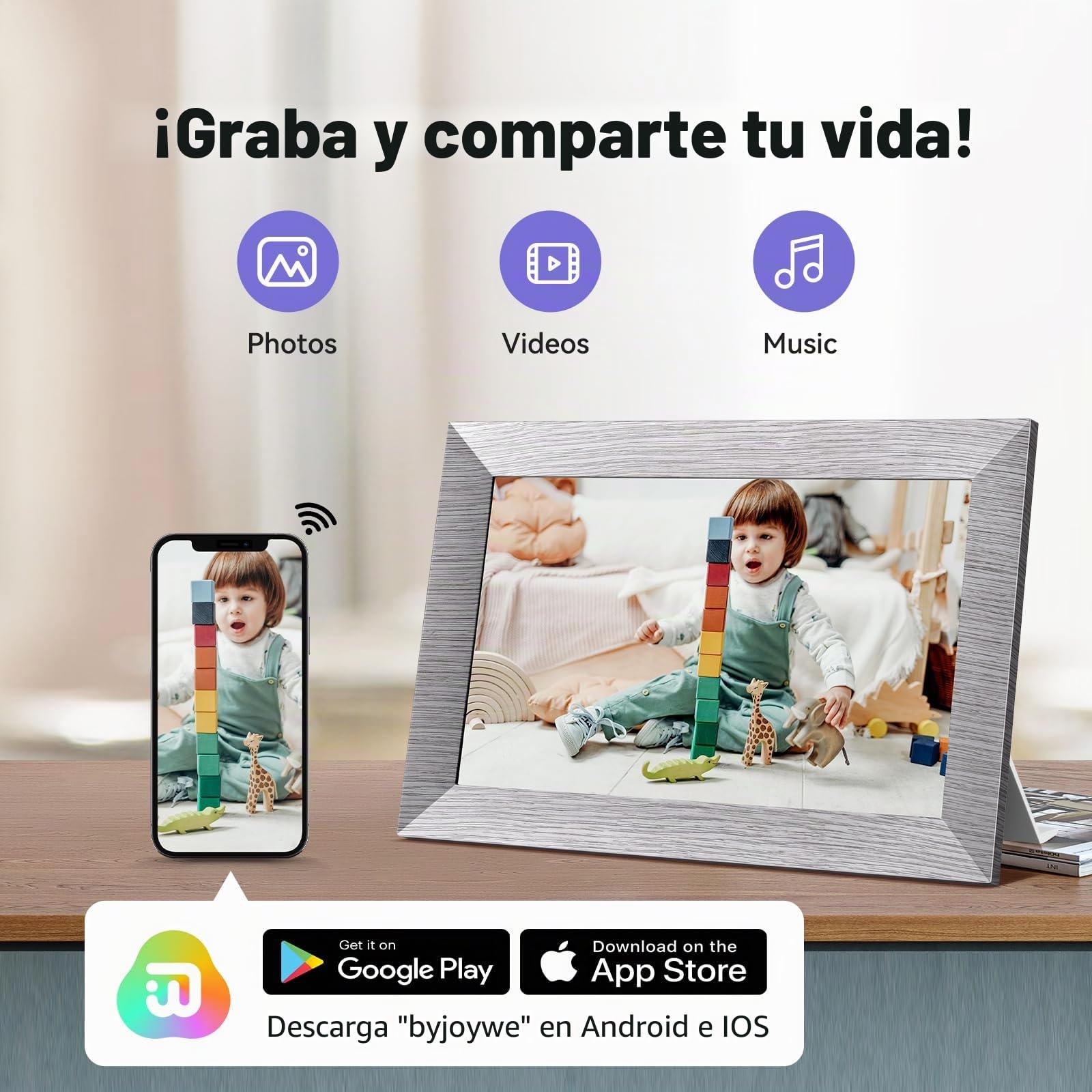Marco Fotos Digital WiFi de 10.1 Pulgadas, Marco Digital de Fotos Visualización Táctil IPS HD, 32 GB RAM, Función de Rotación Automática, Fácil Configuración para Compartir Fotos/Vídeos via App
